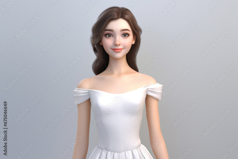 A charming 3D cartoon character of a girl strikes an adorable and graceful pose against a clean white backdrop. Generative AI. A charming 3D cartoon character of a girl strikes an adorable and graceful pose against a clean white backdrop. Generative AI.