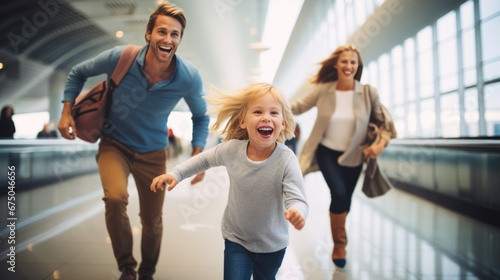 Happy family traveler go to airport gate  family with travel bag excited for traveler trip