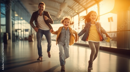 Happy family traveler go to airport gate, family with travel bag excited for traveler trip photo