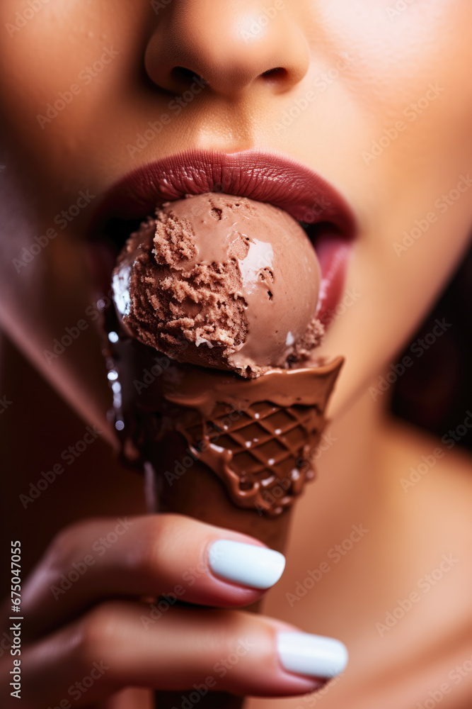 Beautiful Woman Eating Delicious Chocolate Ice Cream Close-Up