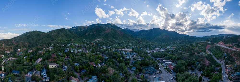 Breathtaking aerial view of Pike's Peak in Manitou Springs, Colorado, as seen from a drone
