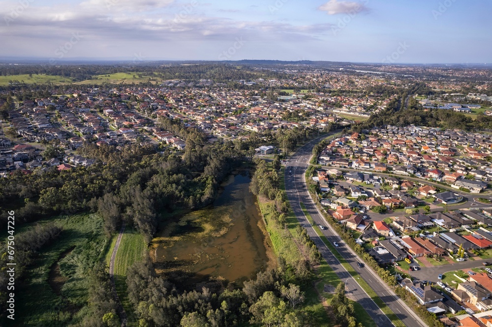 Aerial view of Horningsea Park during the evening in Australia Aerial view of Horningsea Park during the evening in Australia