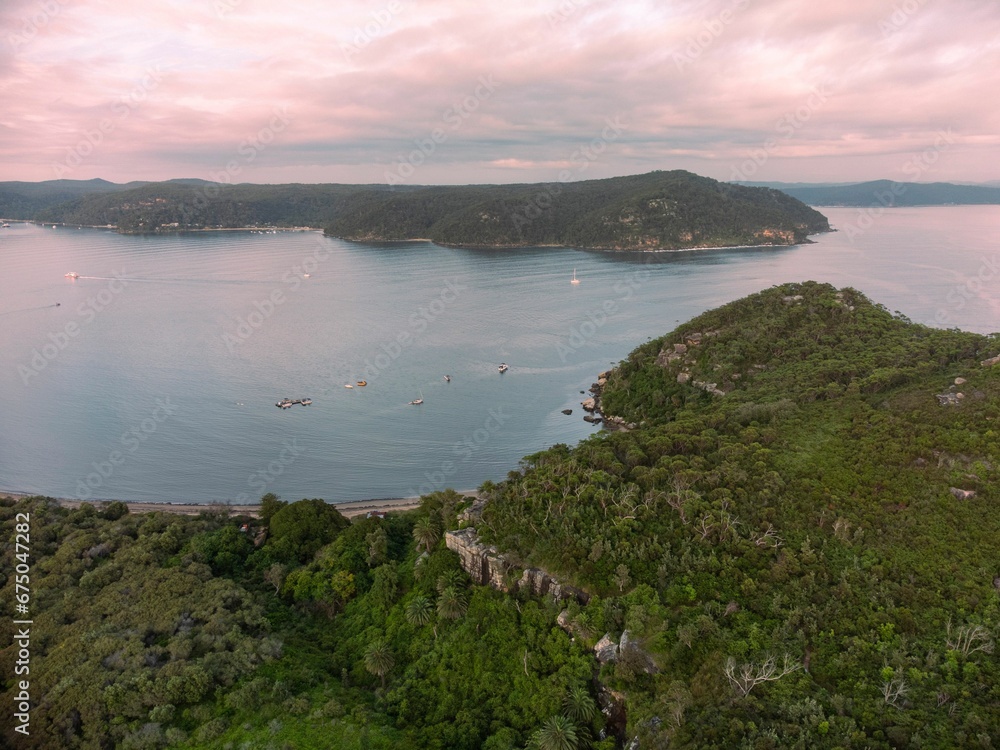 Aerial view of the Hawkesbury River system in the evening in Sydney