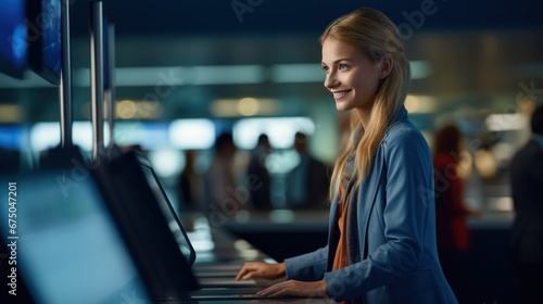 Female traveler and baggage check-in counters at airport