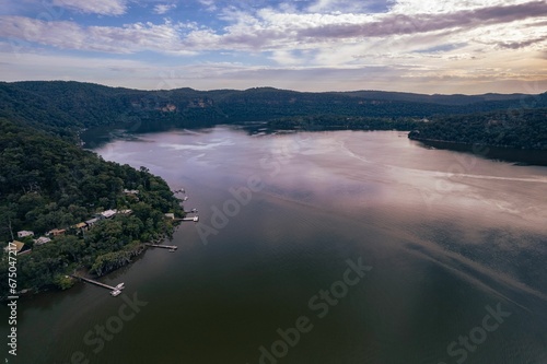 Fototapeta Naklejka Na Ścianę i Meble -  Aerial view of the Hawkesbury River system in the evening in Sydney