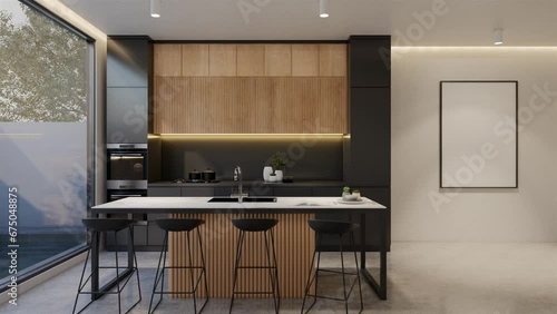 Wallpaper Mural Animated Minimal wooden kitchen and dining table. 3D illustration rendering Torontodigital.ca