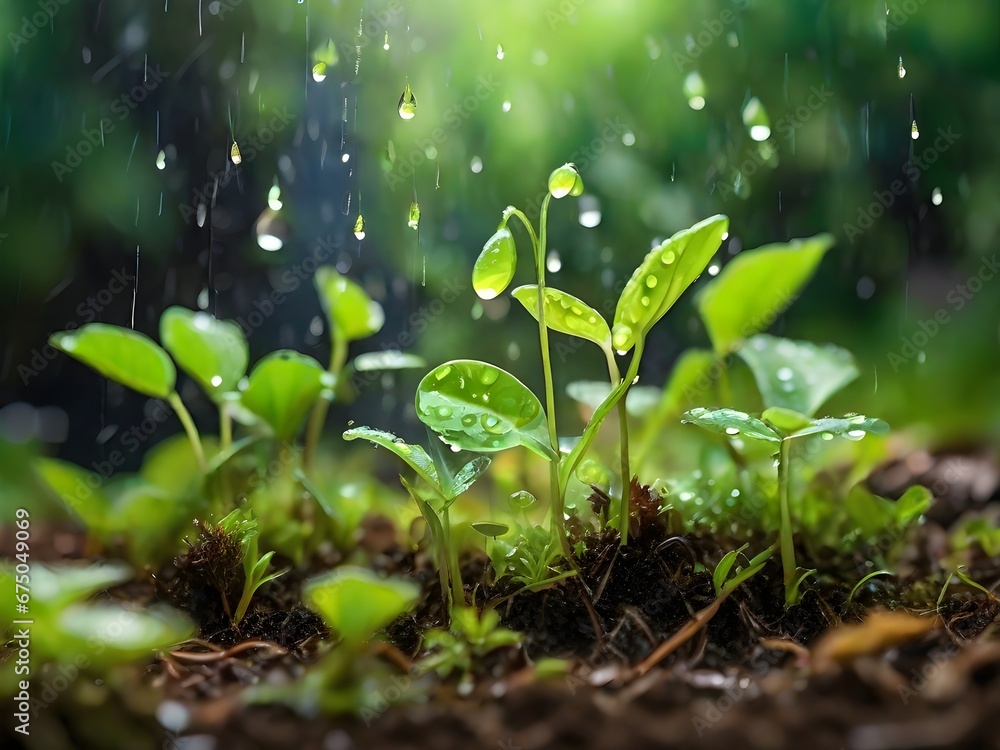 Young plants emerging on rich soil