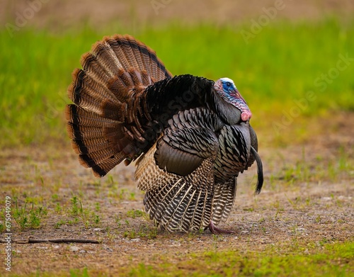 Closeup of a Wild turkey in a lush green on a sunny day
