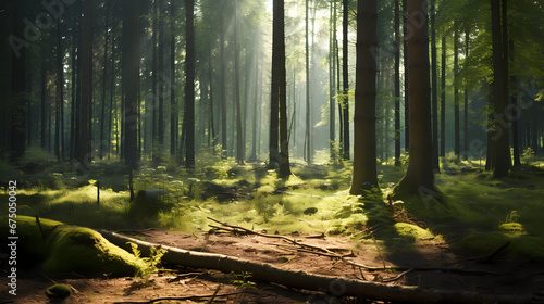 Forest background with sunlight filtering through trees © ginstudio