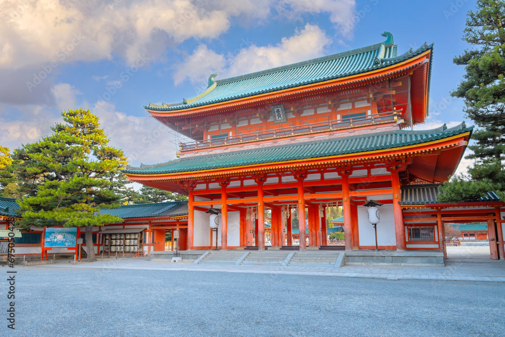 Kyoto, Japan - April 2 2023: Heian Shrine built on the occasion of 1100th anniversary of the capital's foundation in Kyoto, dedicated to the spirits of the first and last emperors who reigned the city Kyoto, Japan - April 2 2023: Heian Shrine built on the occasion of 1100th anniversary of the capital's foundation in Kyoto, dedicated to the spirits of the first and last emperors who reigned the city