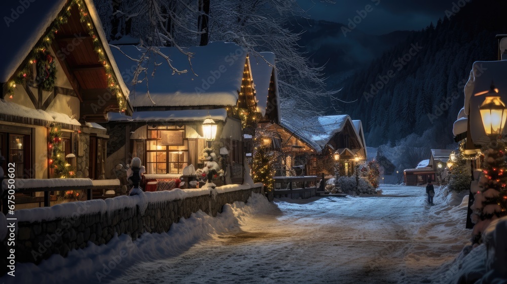 Winter village at night background