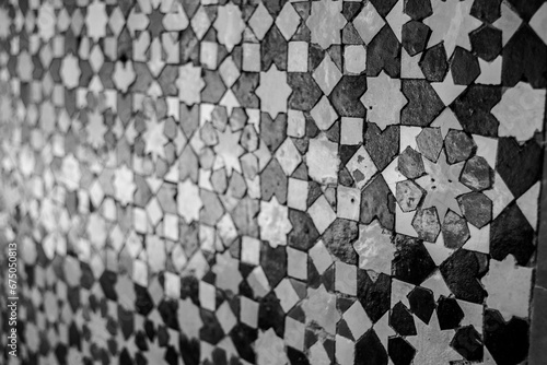 Closeup of tiles in Morocco, North Africa in grayscale