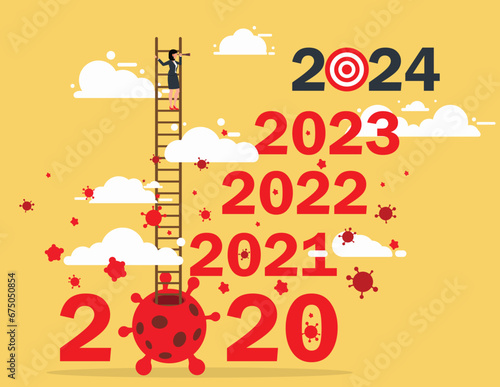 Future planning goals and New visions for the year 2024. business woman climb up on year 2024 to see business outlook.