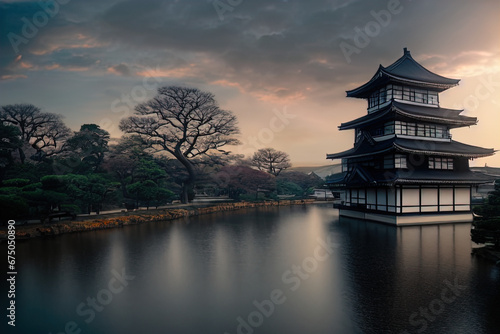 The image depicts a serene scene with a traditional Japanese pagoda near a calm body of water, possibly a moat or a lake. The architecture of the building is typical of Japanese castles, with multiple