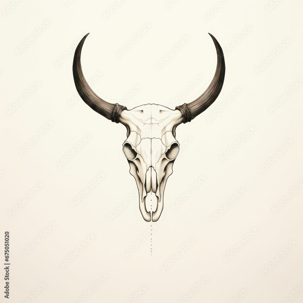 Illustration of a bull skull adorned with horns on a beige background Illustration of a bull skull adorned with horns on a beige background