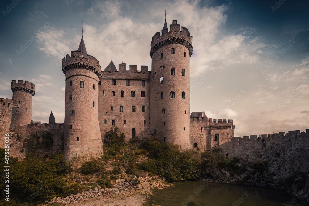 The image showcases a majestic medieval castle set against a soft sky with light cloud cover. The castle stands prominently atop what appears to be a slight elevation, with foliage partially obscuring
