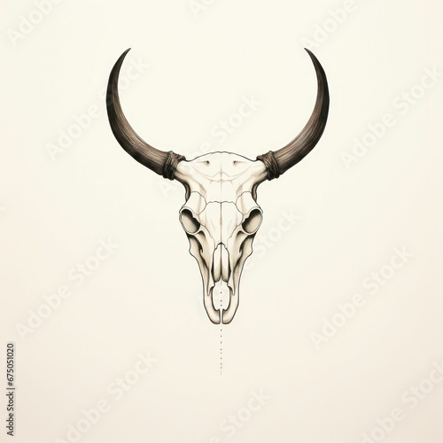 Illustration of a bull skull adorned with horns on a  beige background