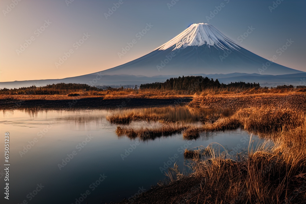 The image presents a stunning view of Mount Fuji, an iconic stratovolcano, bathing in the warm glow of sunset or sunrise. The majestic mountain's peak is capped with white snow, and its symmetrical sl
