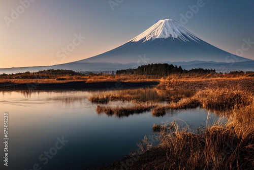 The image presents a stunning view of Mount Fuji, an iconic stratovolcano, bathing in the warm glow of sunset or sunrise. The majestic mountain's peak is capped with white snow, and its symmetrical sl © Jesse