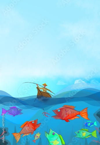 Fishing fish in the sea with rowing wooden boats