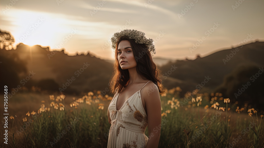 The image features a woman standing in a field during what appears to ...