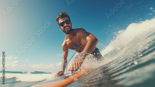 Young man playing surfboard at the sea, vacation on summer. © sawitreelyaon