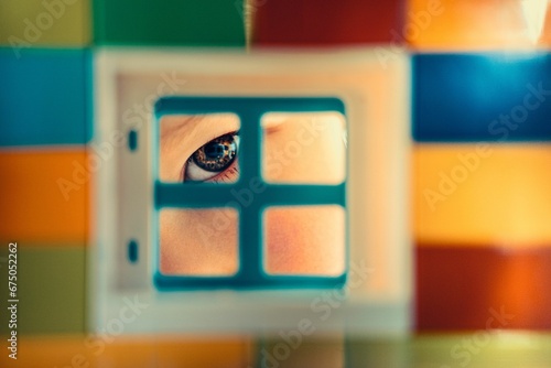 Close-up of a young girl's eye, peering out through the window of a brightly colored dollhouse photo