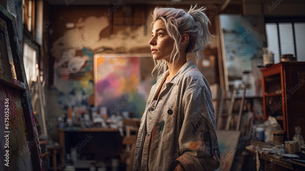 This image features a thoughtful young woman with a messy bun, gazing off to the side in a sunlit art studio. Her hair is white with hints of purple, and her face shows a natural look with minimal mak