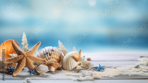 Collection of seashells on a wooden board © Wirestock