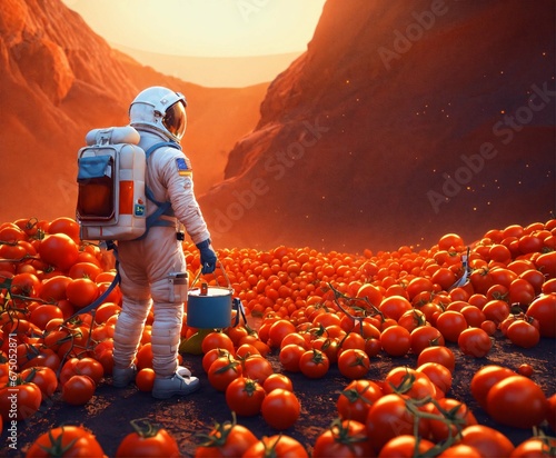 astronaut with a delivery man's bag on his back and a basket of tomatoes in his hand, mars background, 3d  © Imran