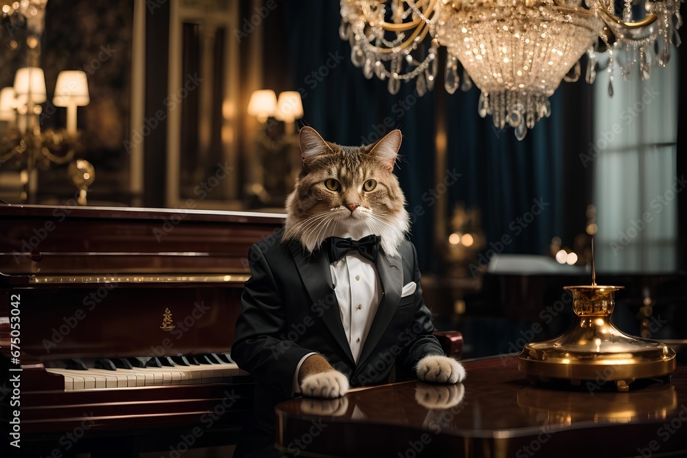 A sophisticated cat in a tuxedo is sitting at a grand piano, elegantly playing classical music under the glittering chandelier.Generative AI - obrazy, fototapety, plakaty 