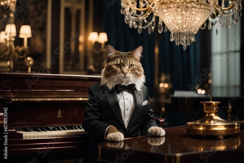 A sophisticated cat in a tuxedo is sitting at a grand piano, elegantly playing classical music under the glittering chandelier.Generative AI