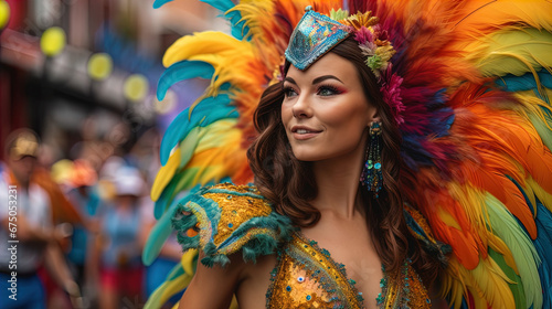 The image features a woman dressed in an extravagant and colorful carnival costume. She wears a vibrant, feathered headdress with a spectrum of colors that include yellows, blues, reds, and greens. He