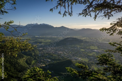 Aerial view of Gotzis, in Kummenberg in the Rheintal Valley in Vorarlberg, Austria