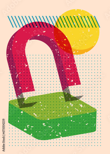 Risograph magnet with geometric shapes. Horseshoe Magnet with objects in trendy riso graph print texture style design with geometry elements.