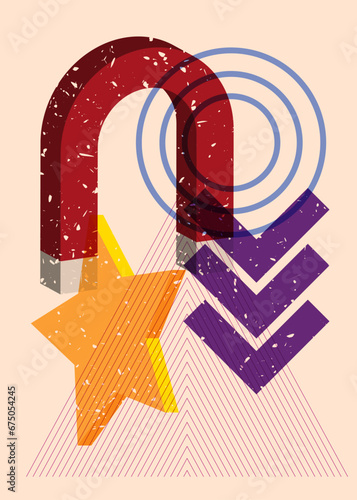 Risograph magnet with geometric shapes. Horseshoe Magnet with objects in trendy riso graph print texture style design with geometry elements.