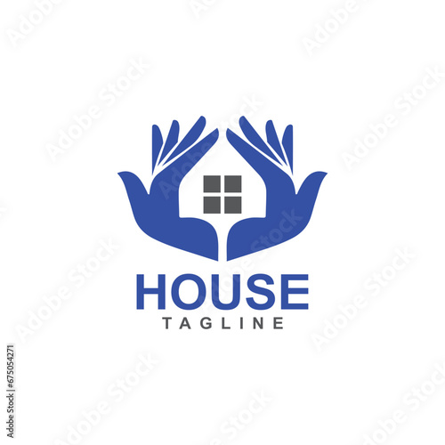 Abstract house hands logo design template. Premium real estate sign. Universal protection care home realty business vector icon. Negative space idea logotype