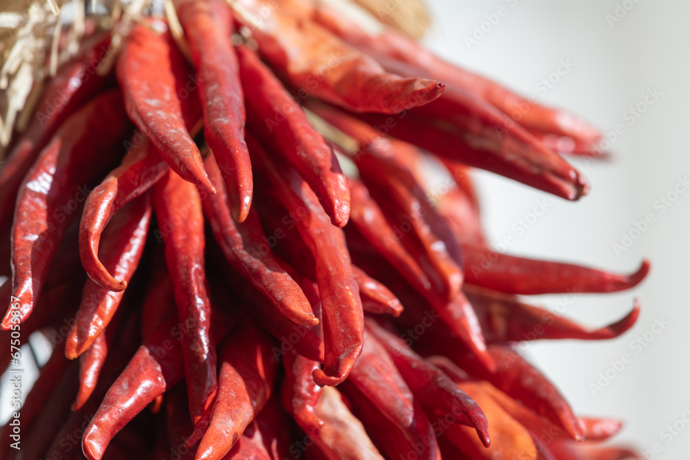 Close up detail of a red chile ristra, dried red chile peppers strung together to create a decorative display. Close up detail of a red chile ristra, dried red chile peppers strung together to create a decorative display.