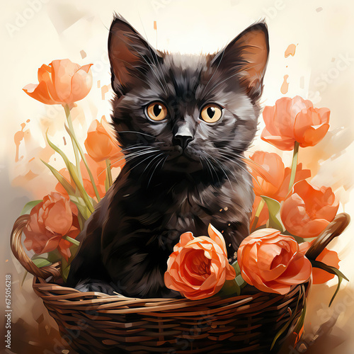 Furry Delight  A Black Kitten Amidst a Basket of Blooms