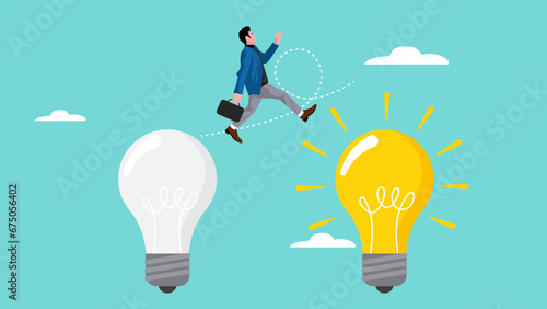 change business strategy, illustration of a businessman jumping from a dead light bulb to a burning light bulb, innovation in company management change to achieve good business