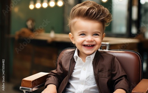 Happy smiling modern stylish toddler child getting his first haircut