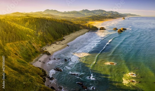 Photographie The view over the Crescent Beach on the Oregon coast, Bird Rocks, Cannon Beach,