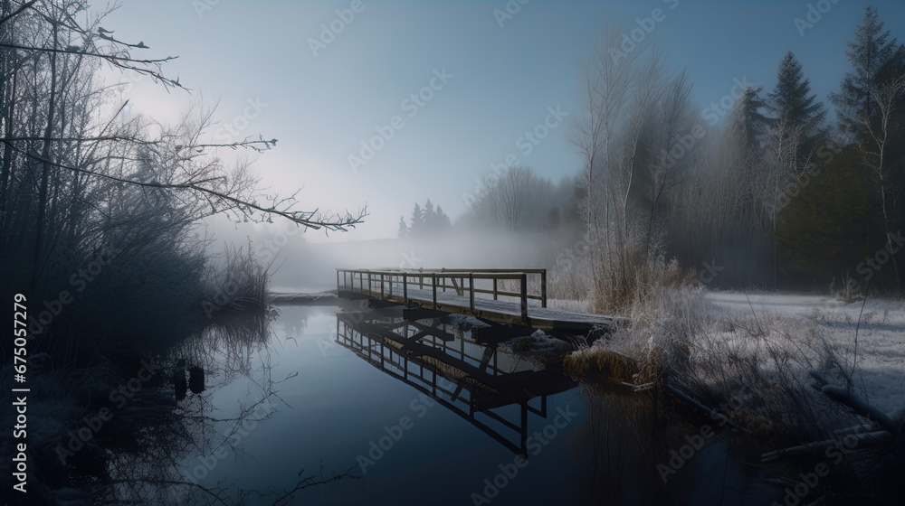 The image features a serene wintry landscape scene with a calm body of water in the foreground. A wooden footbridge with a handrail crosses the water, creating a symmetrical reflection on the glassy s