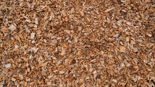 Pile of wood chips is arranged on the ground in a disorganized fashion