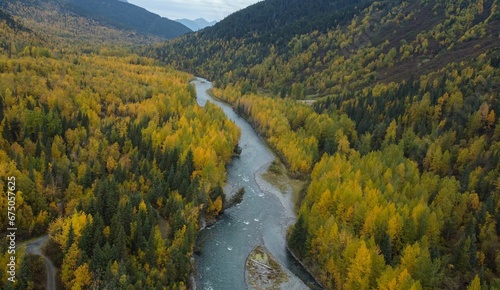 Aerial view of 6 Mile Creek in Hope, Alaska, with the colorful autumn foliage photo