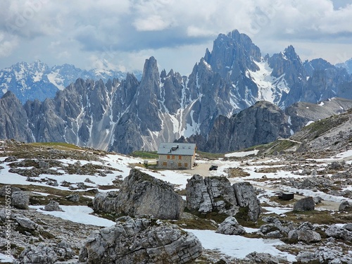Scenic view of a house in Cadina di Misurina mountains in Dolomites, Italy