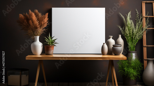 White canvas on wooden easel and copy space with plant