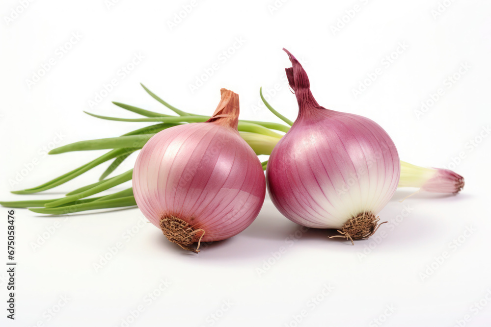 Fototapeta premium Shallots and leaves isolated on a white background, Generative ai