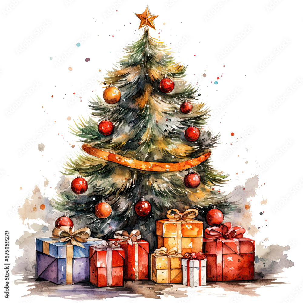 Christmas tree with gifts and Christmas decoration. Watercolor style. Transparent or white background.