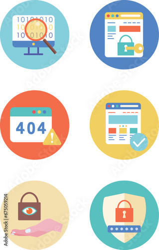Vector icons featuring proggraming and cybersecurity displayed on a crisp white background